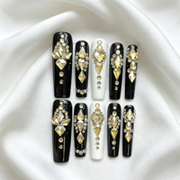 Ongles en forme de cercueil brillants avec diamants, noir et blanc brillant, faits à la main en ABS, 10 pièces, extra longs, ongles press-on de luxe pour femmes
