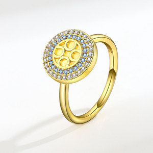 Anillos giratorios antiestrés de cobre chapado en oro con diseño geométrico de doble pavé, circonitas azules y blancas, y disco halo, para mujer - Product Image 6