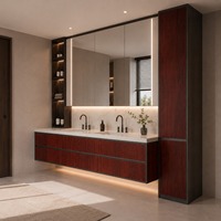 Meuble-lavabo flottant pour salle de bain avec double vasque, miroir éclairé, tiroirs à finition personnalisée et rangement latéral haut