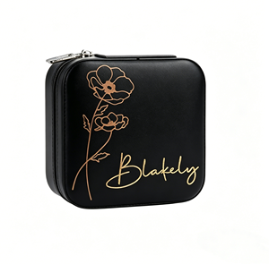 Blakely Square Jewelry Organizer <b>Box</b> With <b>Floral</b> Design Zipper Closure Elegant Black PU Leather Case - Product Image 1