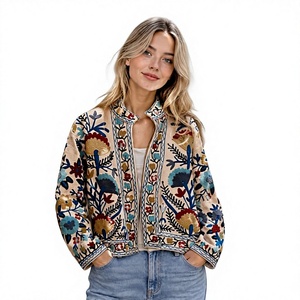 Veste en coton brodée à la main à motifs floraux, col mandarin, manches longues, style printemps, chic prairie pour femmes, longueur normale - Product Image 1