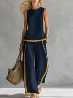Ensemble deux pièces d'été décontracté pour femme en polyester et lin de bambou, avec gilet sans manches et pantalon large contrastant