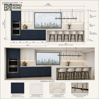 Meubles de cuisine modernes bicolores pour penthouse, bleu marine américain, comptoir bar en cascade Calacatta, menuiserie sur mesure