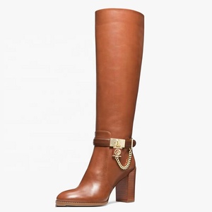 Metal Chain Chunky <b>Heels</b> Long Booties <b>Round</b> <b>Toe</b> Back Zipper Knight Shoes Women Western Style Knee High Boots - Product Image 2