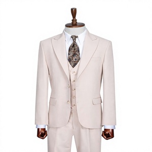 Costume de smoking 3 pièces beige PERRE pour homme, col mandarin, double boutonnage, tissu peigné infroissable, idéal pour affaires et mariages – Collection Elite - Product Image 1