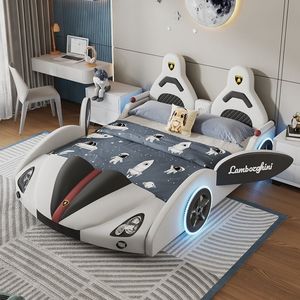 Lit enfant moderne en forme de voiture de course avec lumières LED, design cool de voiture de sport, cadre de lit rembourré pour garçons - Product Image 2