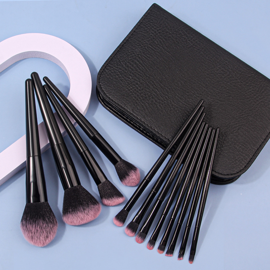 set of 12 brushes + black 12-hole pebbled zipper bag