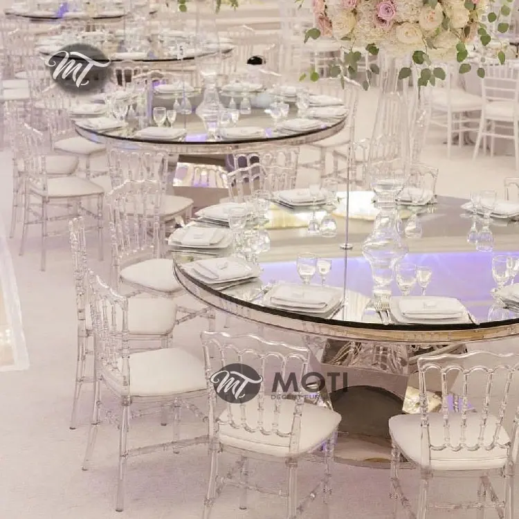 Mesa redonda de boda de policarbonato transparente, silla de plástico de resina transparente para eventos, venta al por mayor