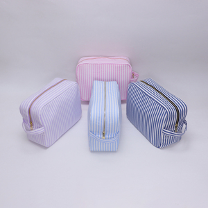 Custom Eco-Friendly Large Cosmetic Organizer Pouch Portable Travel Seersucker Striped <b>Makeup</b> Zipper Soft Handle <b>Storage</b> <b>for</b> - Product Image 2