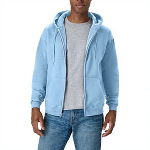 Sweat-shirt à capuche zippé pour homme en polaire bleu ciel clair avec cordon de serrage et poches kangourou - Product Image 1