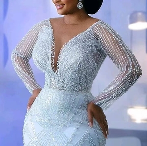 2025 African Inspired Luxury Custom Beaded Lace Applique Mermaid Wedding Dress Long Sleeve Sheer V Neck Fish Tail Bridal Gown - Product Image 2