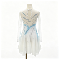 Robe de patinage et de danse bleu clair à col rond, manches longues en maille, dos découpé avec strass pour enfants et adultes, compétition et performance