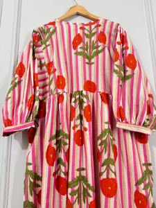 Robe d'été ethnique pour femme en coton écologique, rayée, à imprimé floral botanique, longueur genou, unie, faite à la main, coupe trapèze - Product Image 2