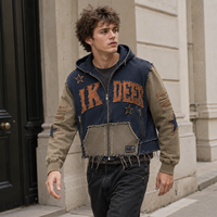 Jaket Hoodie IKDEER Custom Cropped Zip dengan Aplikasi Kain Berumbai Raw Frayed Edge dan Patchwork Multi Tone untuk Pemotretan Video Gaya Retro Street