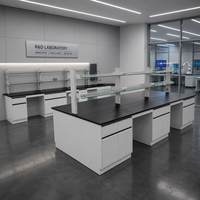 Banc de laboratoire Central Island avec armoire en acier, plan de travail en résine époxy et étagère supérieure pour réactifs, pour laboratoire de recherche universitaire