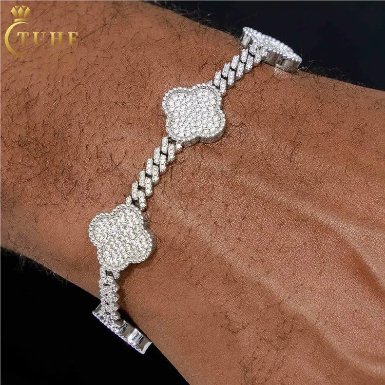 Fashion Femme 6mm 925 Sterling Silver VVS Moissanite Diamond Iced Out Lucky Four Leaf Clover Cuban Link Bracelet For Valentine