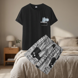 Conjunto de 2 piezas para hombre, transpirable, de punto, poliéster/algodón teñido, camisa casual de manga corta con botones y pantalón suelto para playa y verano - Product Image 3