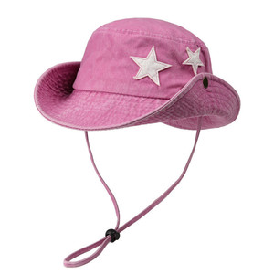 Cappello da pescatore vintage in cotone lavato a tesa larga con patch a stella e cordino antivento, protezione solare per esterni, da donna - Product Image 1