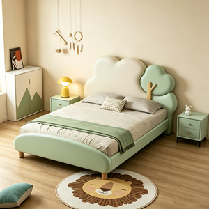 Tempat Tidur Anak Kulit Asli Cute Cloud Tree Rangka Kayu Solid Tempat Tidur Tunggal untuk Anak Laki-laki dan Perempuan - Product Image 1