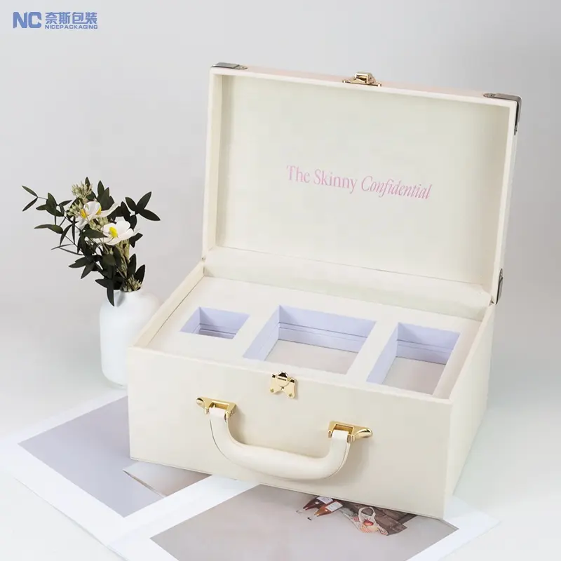 カスタムホワイトラグジュアリーレザースーツケースブリーフケースコスメティックボックスは、赤ちゃんのためのセット記念品木製収納ボックスメモリをプレゼントします
