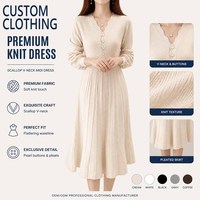 Robe midi en maille plissée élégante et personnalisée pour femme, col en V festonné, demi-fermeture boutonnée, taille cintrée, idéale pour les trajets quotidiens