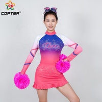 Uniforme de cheerleading personnalisé avec haut à manches longues et jupe, dégradé rose, blanc et bleu, strass, avec logo gratuit