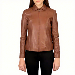 <b>Womens</b> Real Brown Leather <b>Jacket</b> <b>Shirt</b> Collar Sheepskin Coat Central Zipper Front Side Pockets Tailored Fit Custom Warm Outwear - Product Image 1