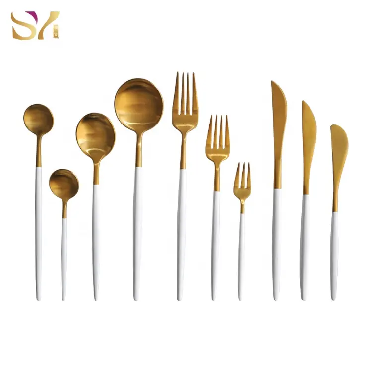 थोक हाथ जाली स्टेनलेस सोने और सफेद संभाल कटलरी flatware सेट चम्मच कांटा चाकू के साथ रेस्तरां के लिए