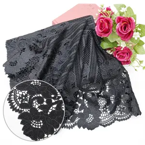 Elegante forma 100% pura flor preta padrão bordado renda saia roupas decoração tecido rendas com pedras