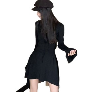 Women's Black Long Sleeve Fitted Waist Dress Criss Cross Neckline Asymmetrical Hem Daily Casual Wear - Product Image 5