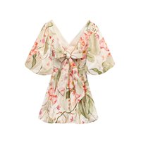 Soldes d'été : Mini-robe imprimée pour femme, col en V, manches courtes, respirante, tissée, taille haute, pour un style décontracté et tendance