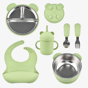 Nouvel ensemble de vaisselle pour bébé en acier inoxydable et silicone, motif ours : assiettes à <span class=keywords><strong>ventouse</strong></span>, tasses, bols et couverts pour enfants - Product Image 2