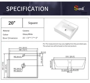 حوض غسيل بتصميم حديث للحمام بجودة عالية مربع الشكل يُركب أعلى الحمام وهو حوض فني من السيراميك الأبيض