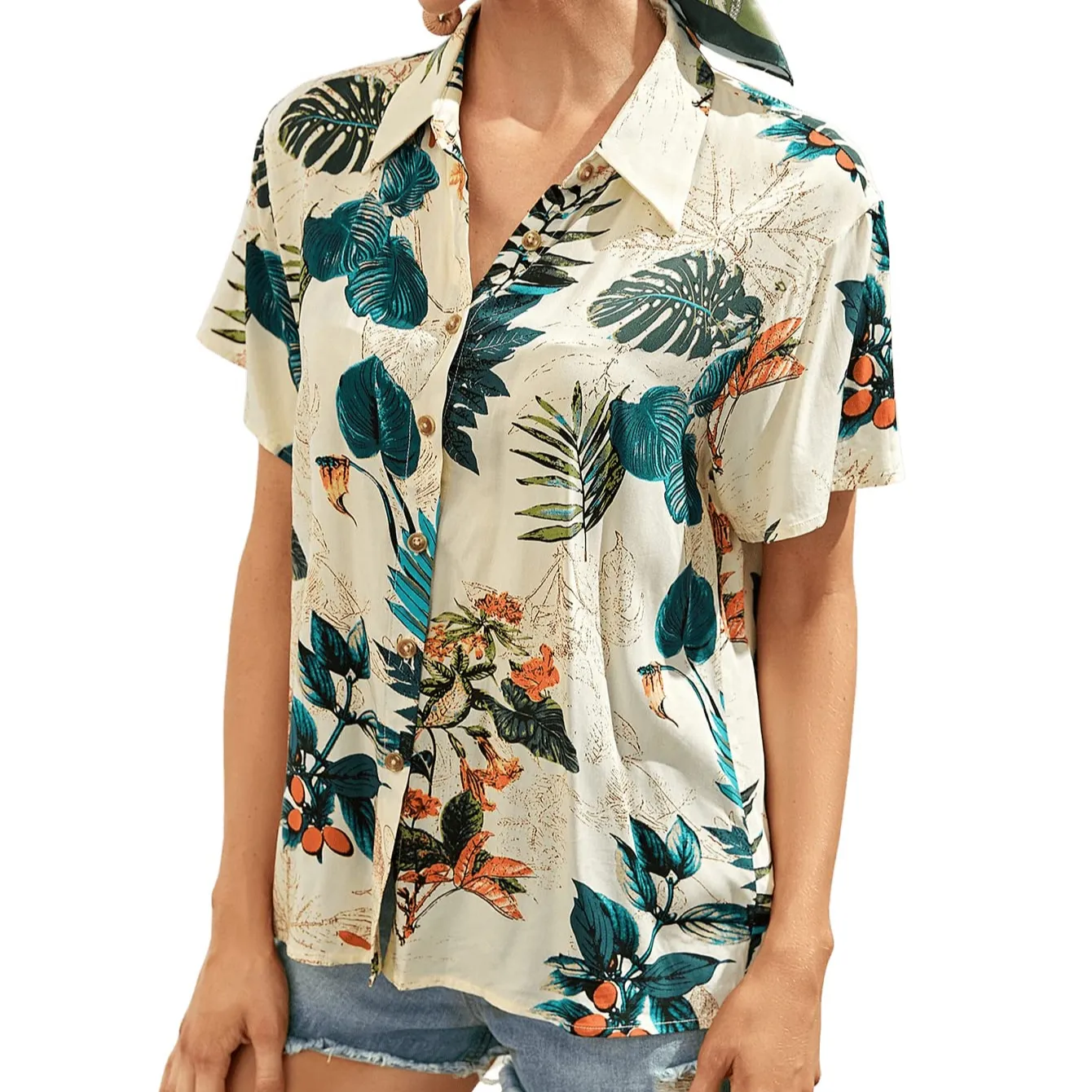 Women's Short Sleeve Floral Cute Print Button Down Blouse Hawaiian Casual Shirt Tops