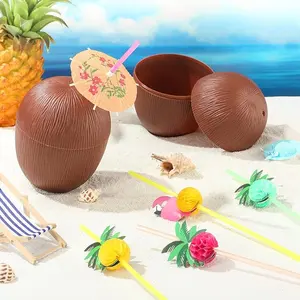 Tazze di cocco Hawaii con cannucce e scelte per Cocktail, Luau Tiki hawaiano e decorazioni per feste in spiaggia per bambini e adulti