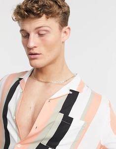 Stylish Short Sleeve Mens Clothing Summer Casual Top <strong>Revere</strong> <strong>Collar</strong> Stripe Men's <strong>Shirts</strong> in Peach - Product Image 5