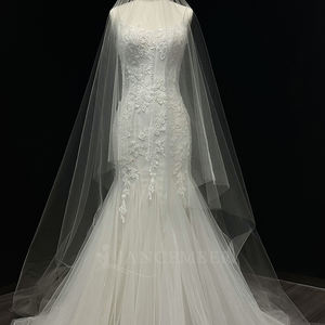 Robe de mariée sirène moderne NT46, longue, sans bretelles, en dentelle brodée, tulle, avec appliques florales en cristal - Product Image 6