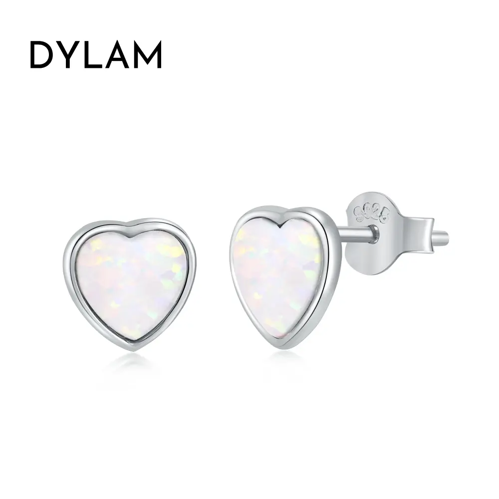 Dylam Minimalist Simple Design Jewelry 925 Sterling Silver Hypoallergenic Heart Tarnish Free 6MM Blue Opal Stud Earrings Women