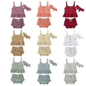 3Pcs/Set Tops+Shorts+Headband Summer Newborn Baby Girls Clothes Ribbed Short Sleeve Ruffles Tanks Toddler Outfits