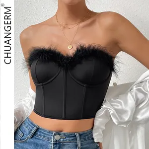 Chuangerm Offre Spéciale à plumes épissage couleur unie hors épaule corset Fishbone col en v court corset de mujer