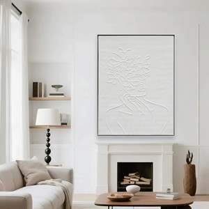 Arte Mural en Relieve Texturizado, Silueta de Dama Floral Blanca, Pinturas de Naturaleza Muerta Pintadas a Mano con Borde Plateado - Product Image 1