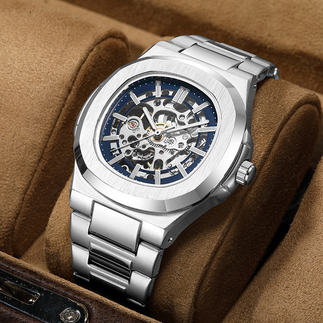 New Design Mechanical Movement Stainless Steel Band Custom logo Branded Black and Golden Color Fully Automatic Watch for Men