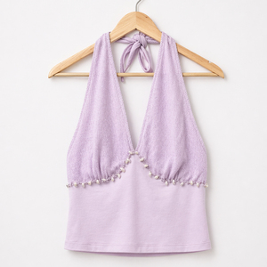Buy Premium Quality Lavender Halter Neck Knit Crop <b>Top</b> Sleeveless Casual Fashion Summer <b>Top</b> with <b>Beaded</b> For Women - Product Image 1