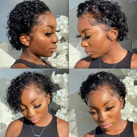 Perruque Pixie Courte Cheveux Humains Bouclés 13*1 Lace Frontale pour Femmes Noires Ondulation Water Wave en Promotion