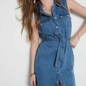 Vestidos de Mezclilla Casuales Largos para Mujer, Diseño Nuevo, con Cinturón y Botones, Sin Mangas, Color Azul Claro, Venta al Por Mayor - Product Image 2