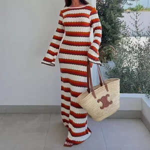 NUOVO <span class=keywords><strong>Abito</strong></span> Lungo da Donna <span class=keywords><strong>in</strong></span> <span class=keywords><strong>Maglia</strong></span> a Righe con Maniche Lunghe, <span class=keywords><strong>Schiena</strong></span> <span class=keywords><strong>Scoperta</strong></span>, Stile Crochet, Vestito Maxi da Spiaggia - Product Image 4
