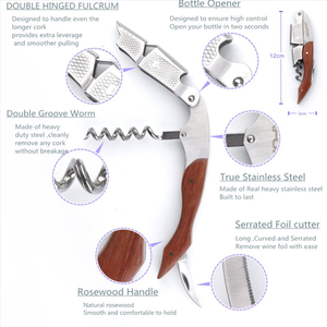 <span class=keywords><strong>Tire</strong></span>-<span class=keywords><strong>bouchon</strong></span> à double charnière avec poignée <span class=keywords><strong>en</strong></span> <span class=keywords><strong>bois</strong></span> de rose pour sommeliers, barman, serveurs de bar et restaurants, avec sac cadeau et boîte - Product Image 2