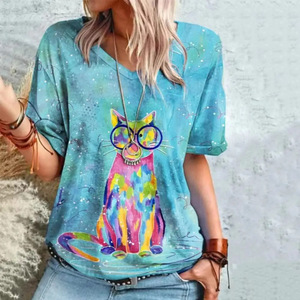 Dessin animé chat t-shirts pour femmes haut tendance t-shirt 3d t-shirt Harajuku décontracté à manches courtes col en v surdimensionné vêtements féminins - Product Image 5