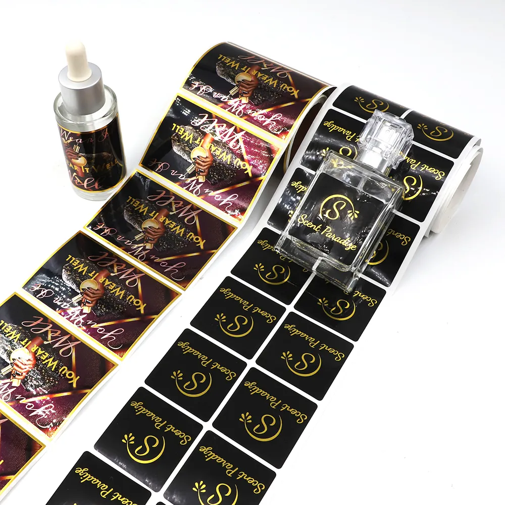 Etichetta adesiva personalizzata in PVC lamina d'oro bottiglia di profumo confezione di etichette con Logo pacchetto etichetta adesiva in vinile per bottiglia di vetro