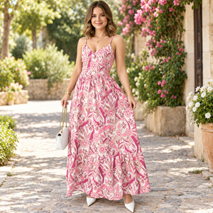 Floral Print Maxi <b>Dress</b> Spaghetti Strap A-Line Empire Waist Chiffon <b>Summer</b> Sundress <b>Loose</b> Fit Tiered Hem - Product Image 1
